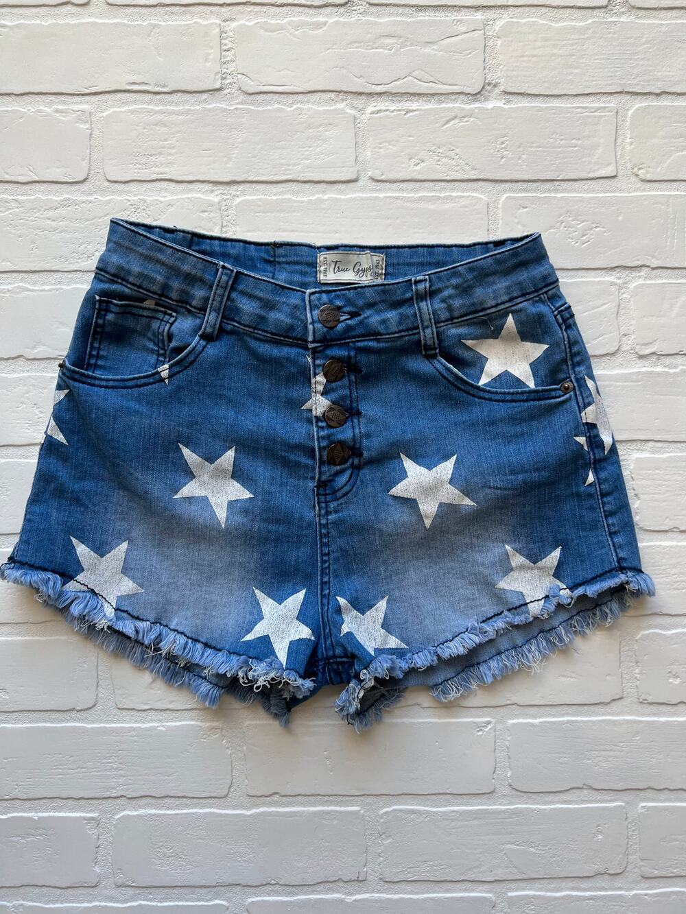 True Gypsy Star Print Light Wash Denim Cut Off Shorts- sz 7 juniors